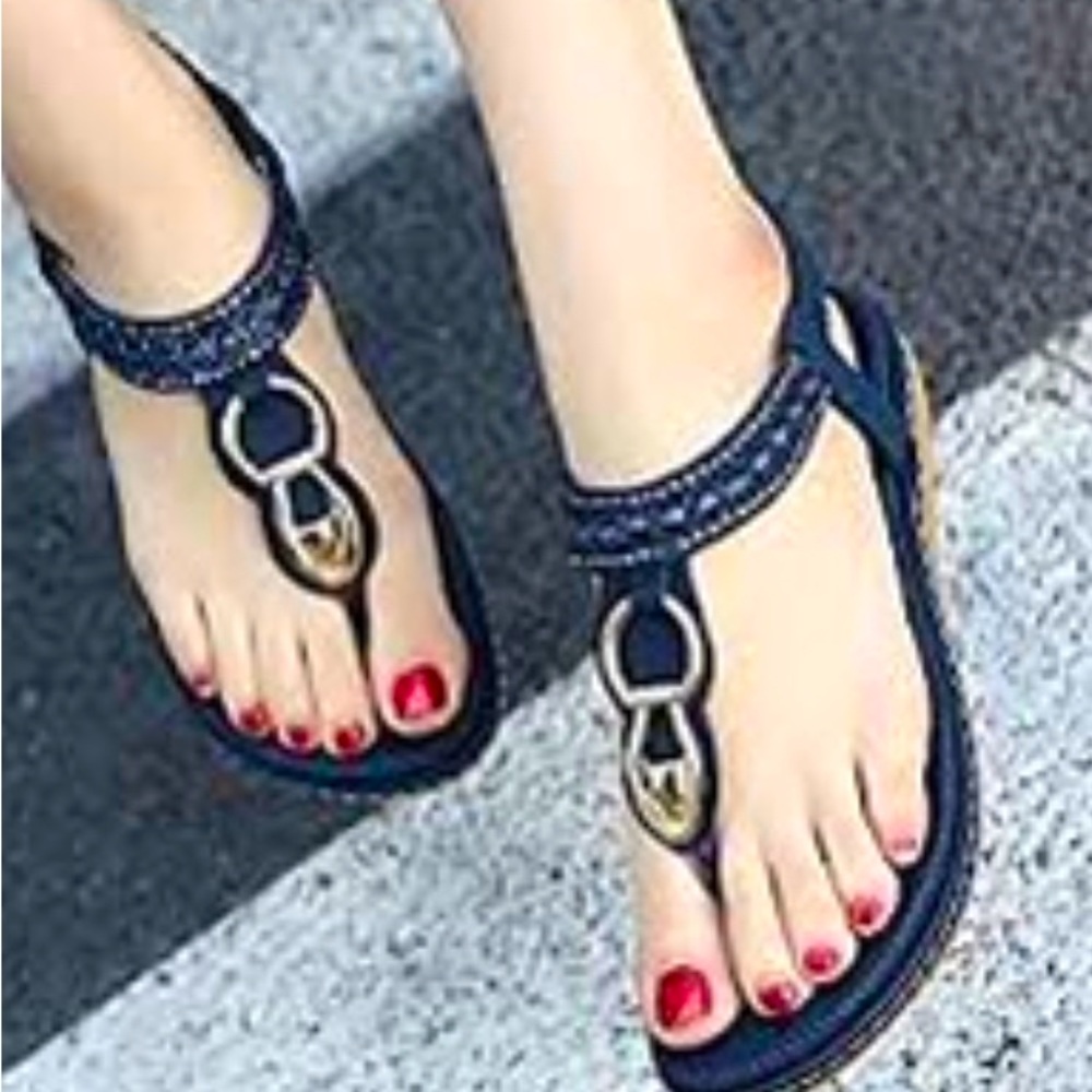 Vavavoom Sandals 8 Boho Beaded Flat Flip Flop Shoes Navy Quilted